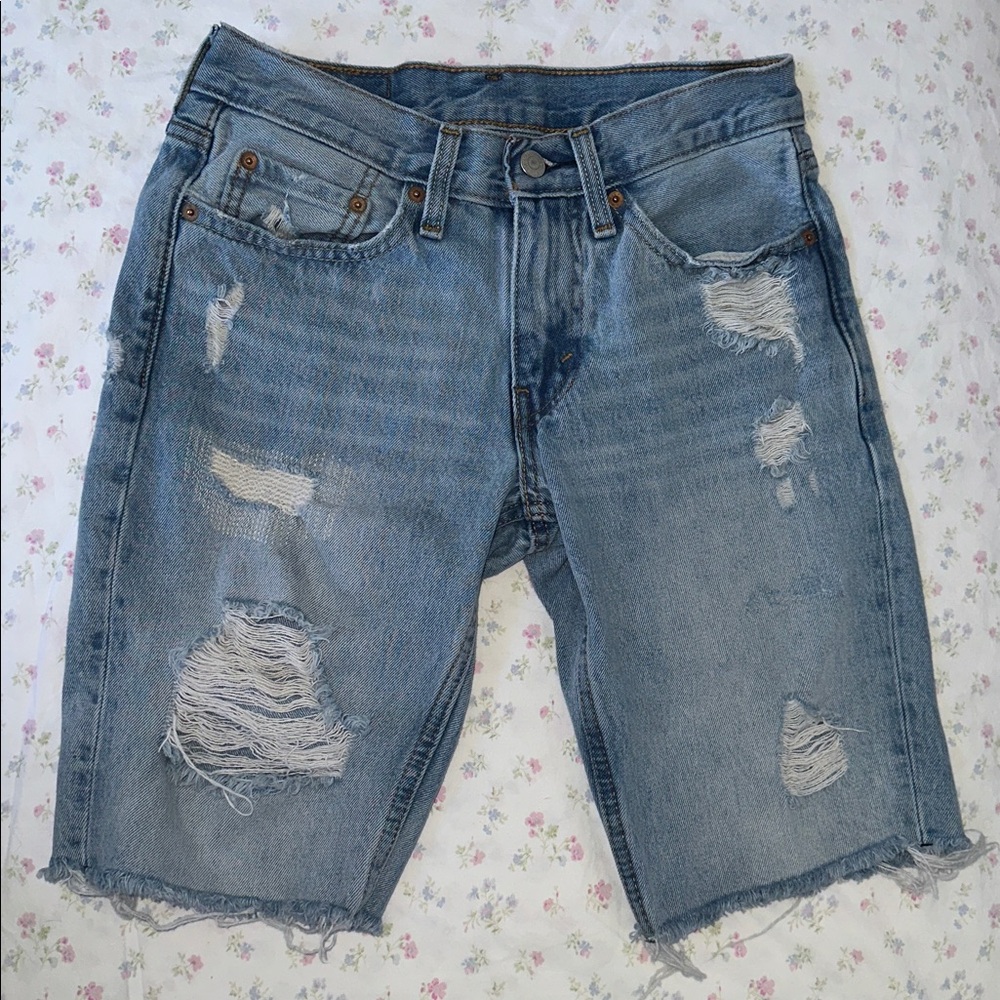 Levi's Blue Denim Red Tab Cut Off Jean Shorts /Jorts with Silver Button